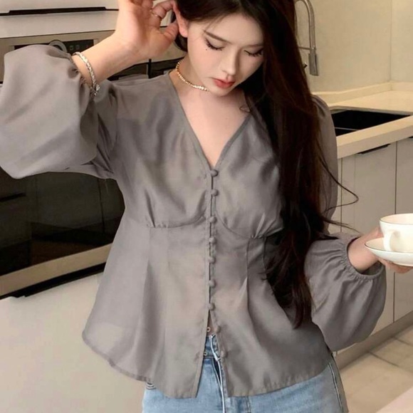 Solid Button Through Bishop Sleeve Blouse - Picture 6 of 7